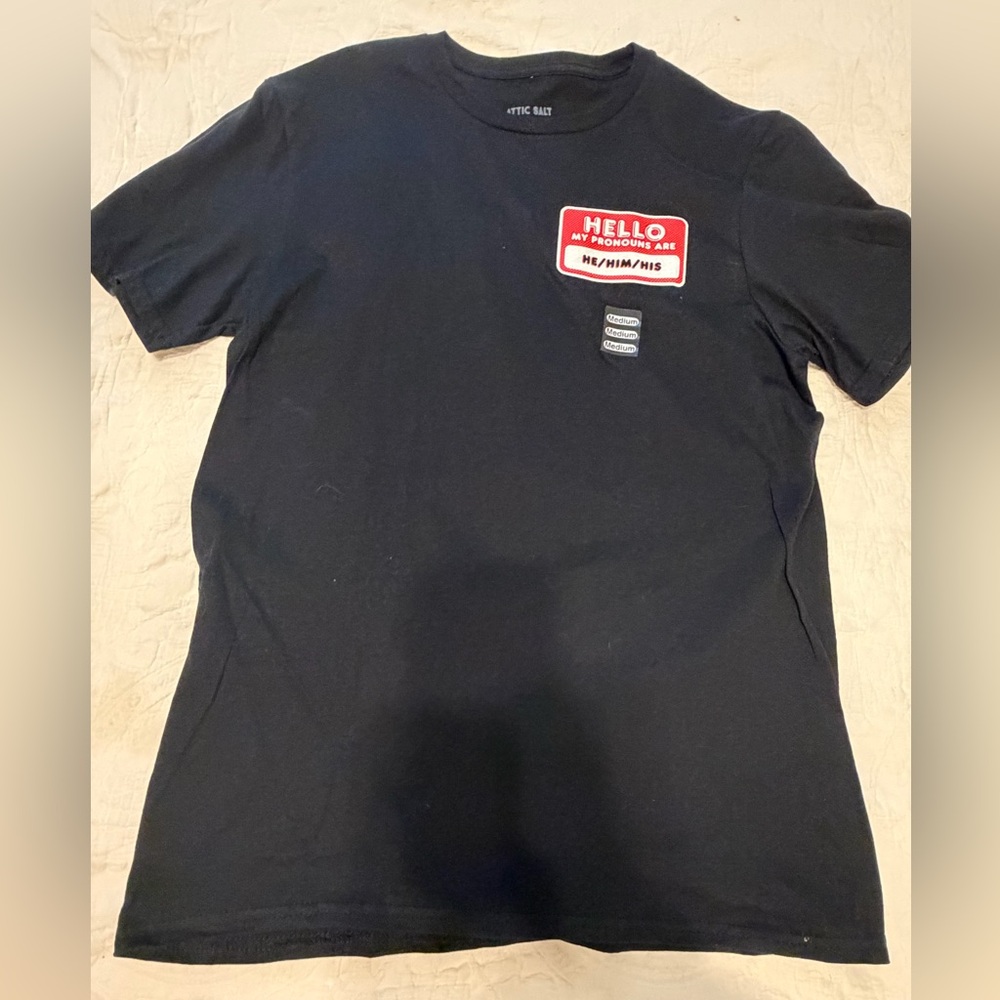 3 for$5✨Attic Salt Men’s “Hello My Pronouns Are” Black T-Shirt, Size M *NEW*